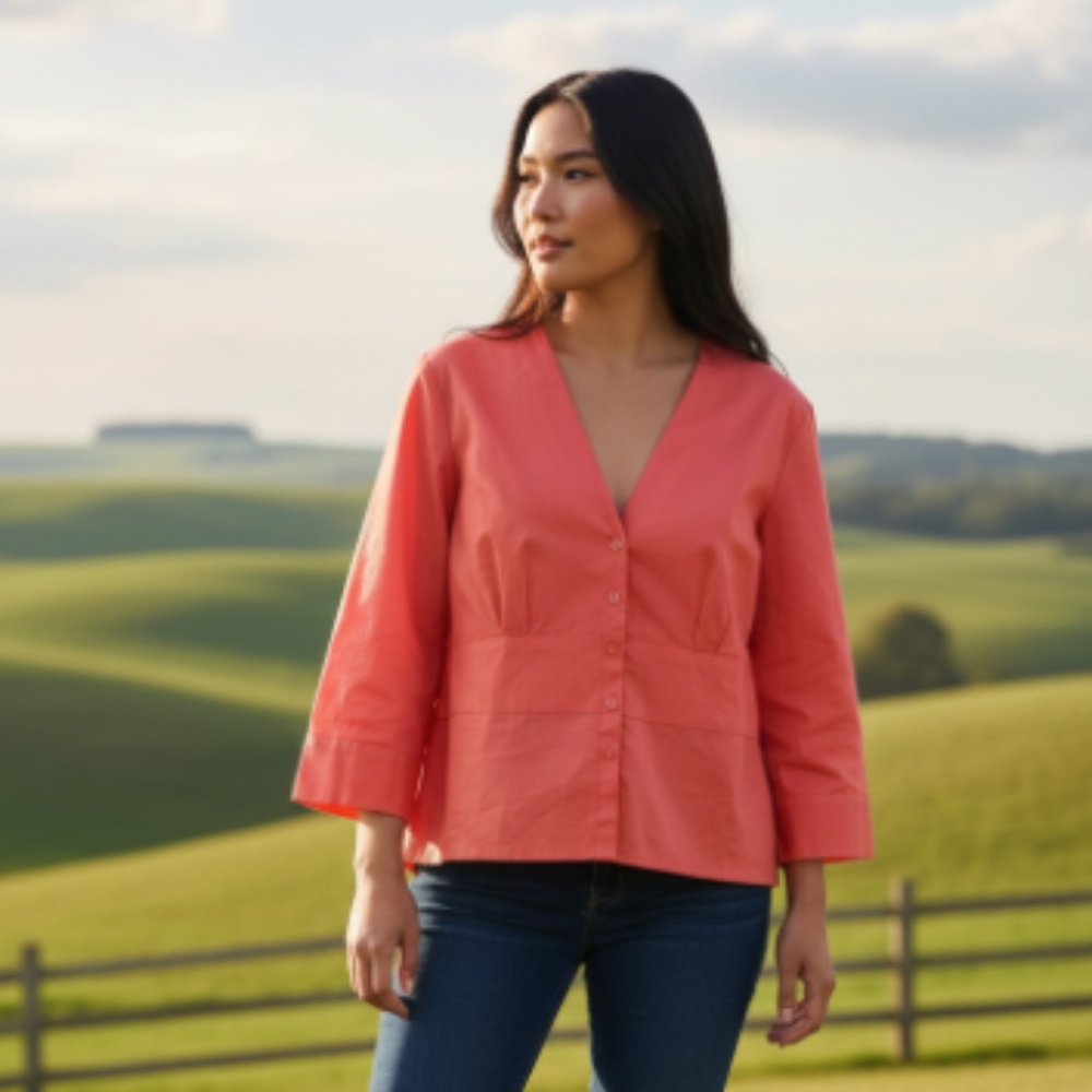 Talbots Shirt Top Oxford Blouse 18 1X 2X Coral Pink V-Neck Career